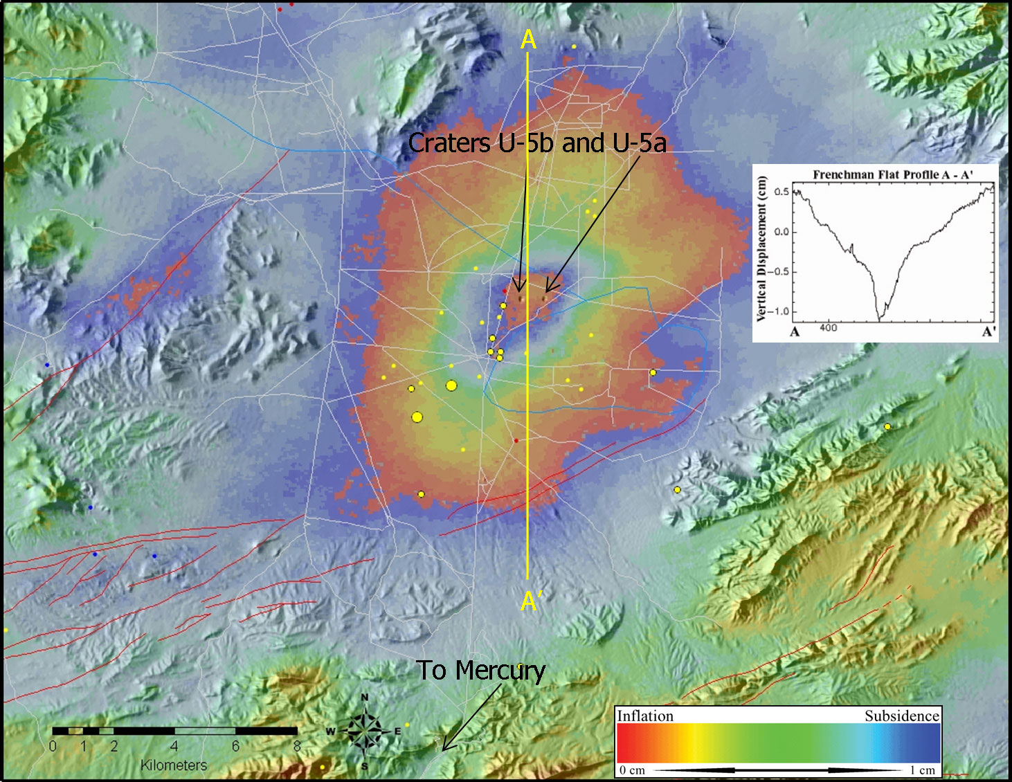 Unwrapped interferogram for period Feb 1998 to Feb 1999 showing deformation (subsidence) associated with the 1999 Frenchman Flat earthquake (M 4.8), Nevada Test Site