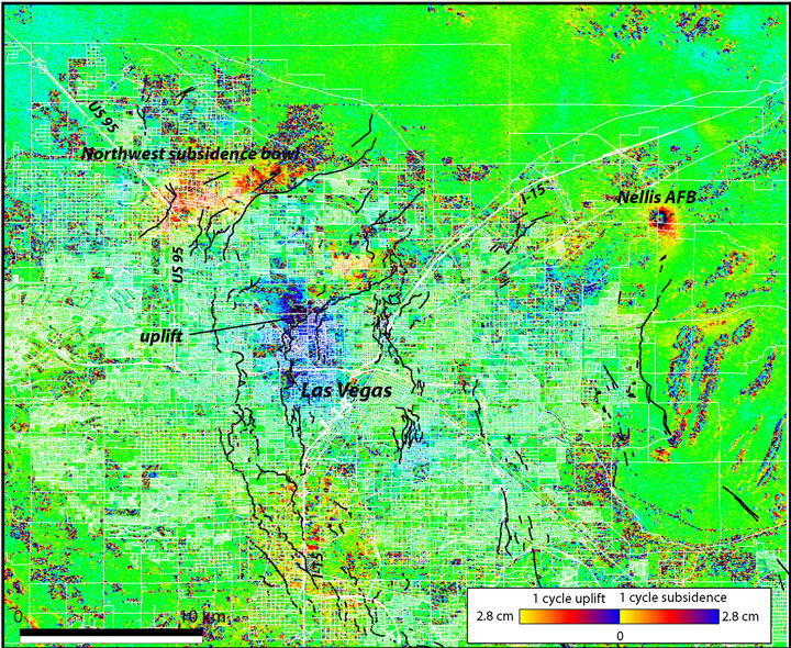 Wrapped interferogram of Las Vegas Valley for period Jan 2003 to Jan 2004 showing subsidence in the Northwest bowl and at Nellis AFB and uplift due to artificial recharge