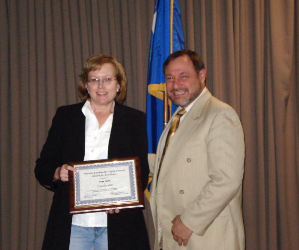 Gaye Coté received the Nevada Earthquake Safety Council Award for Excellence
